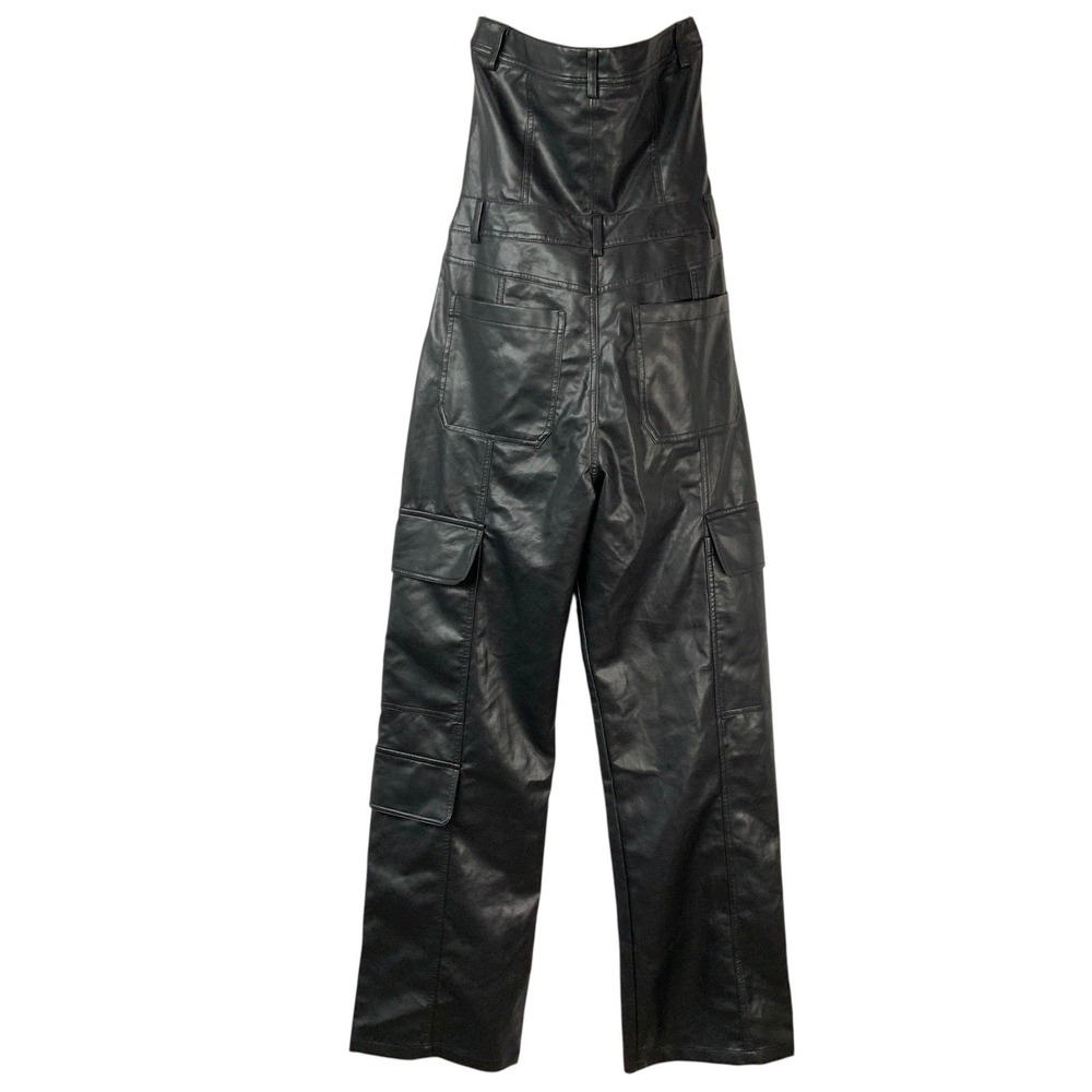 Nasty Gal Black Faux Leather Cargo Jumpsuit 6 Button Strapless Sleeveless Pocket - Picture 4 of 9